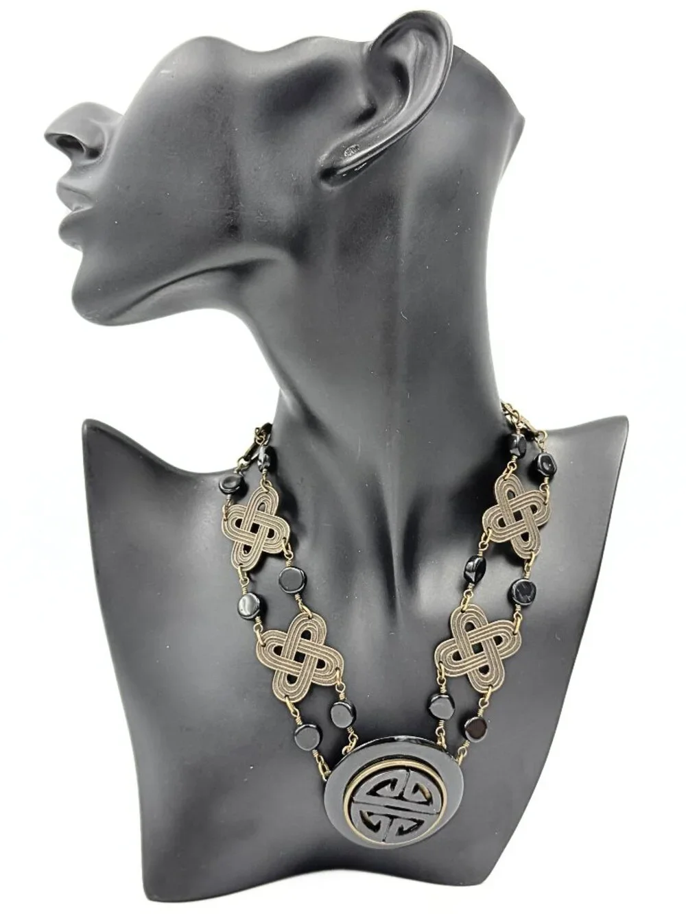 Jan Michaels Signed San Francisco Onyx Celtic Asian Fusion Brass Tribal Necklace